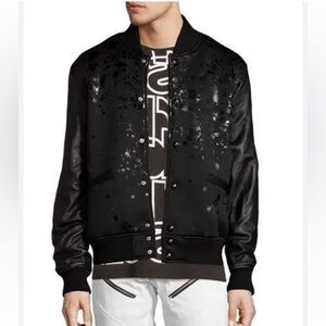 PRPS Mens‎ Black Bomber Jacket w Leather Sleeves, Rare Paint Splatter Size L